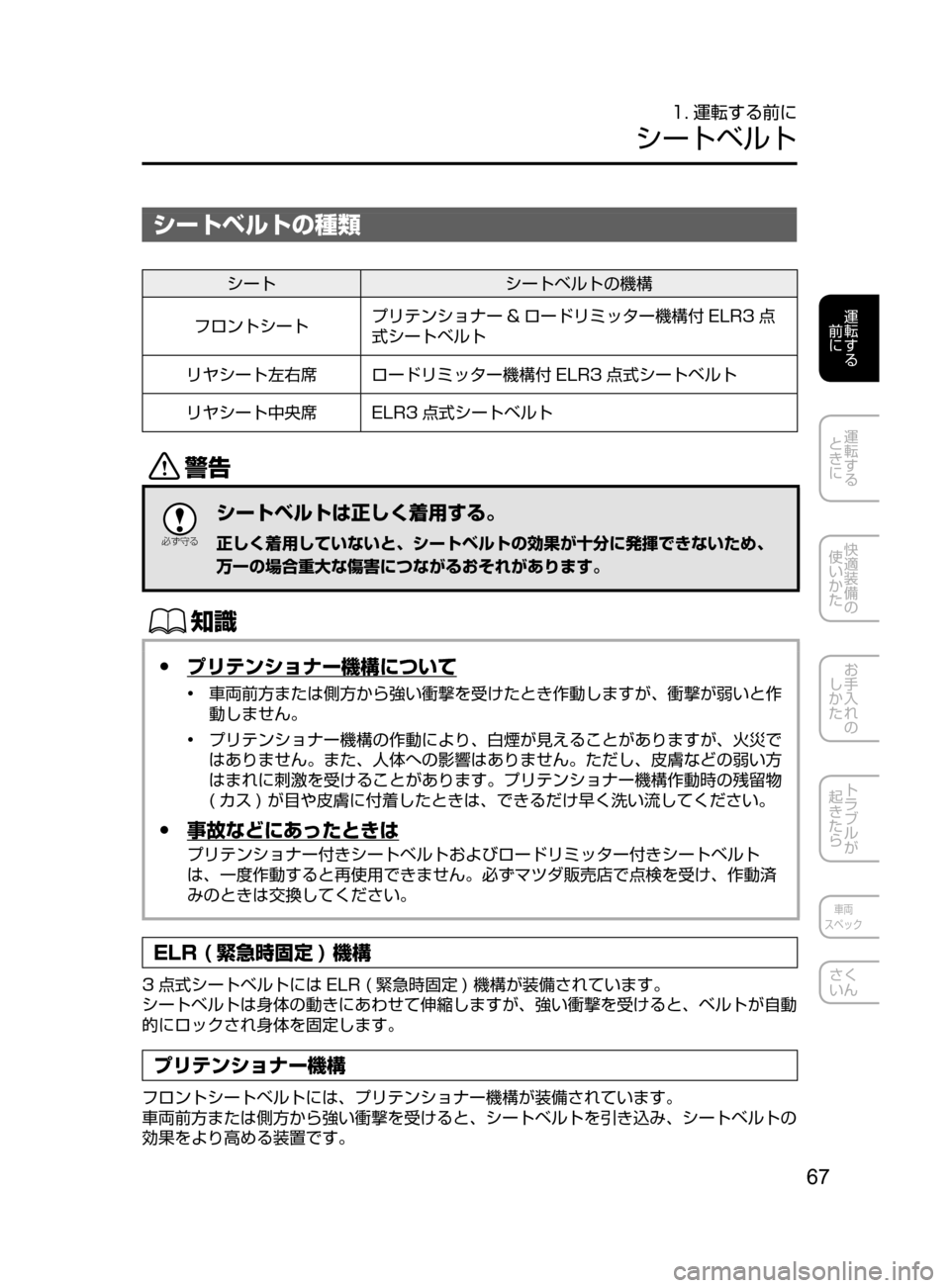 MAZDA MODEL ATENZA 2016  アテンザ｜取扱説明書 (in Japanese) 67
運転する
﻿﻿
前に
運転する
﻿﻿
ときに
快適装備の
使いかた
お手入れの
しかた
トラブルが
起きたら
車両
スペック
さく
いん
1. 運転する前に
