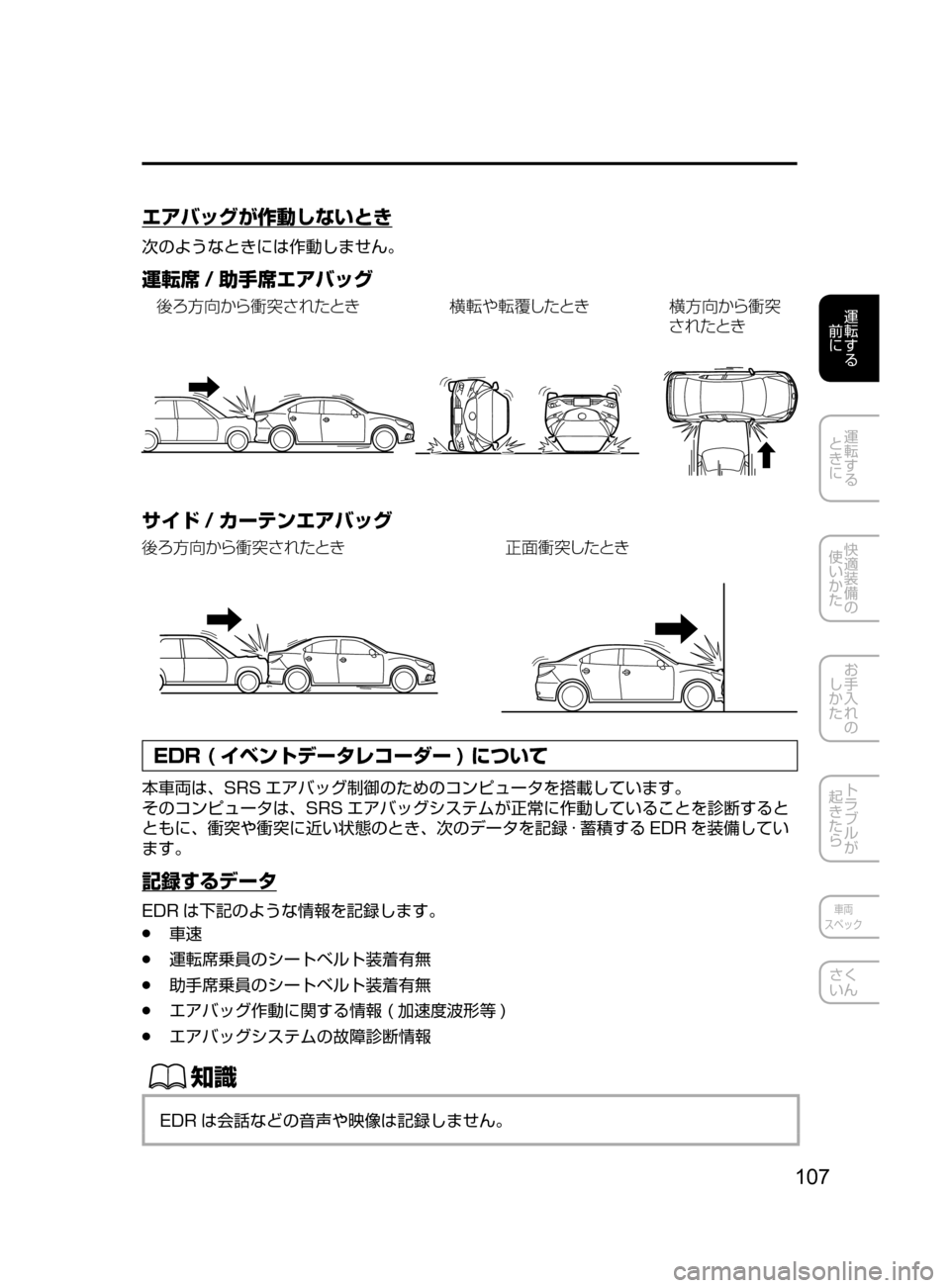 MAZDA MODEL ATENZA 2016  アテンザ｜取扱説明書 (in Japanese) 107
運転する
﻿﻿
前に
運転する
﻿﻿
ときに
快適装備の
使いかた
お手入れの
しかた
トラブルが
起きたら
車両
スペック
さく
いん
エアバッグが作