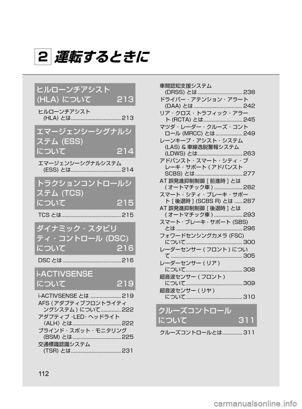 MAZDA MODEL ATENZA 2016 アテンザ|取扱説明書 (in Japanese) 11 2
2 運転するときに
ヒルローンチアシスト
(HLA)
について 213
ヒルローンチアシスト
(HLA) とは
..................................... 213 MAZDA MODEL ATENZA 2016 アテンザ|取扱説明書 (in Japanese) 11 2
2 運転するときに
ヒルローンチアシスト
(HLA)
について 213
ヒルローンチアシスト
(HLA) とは
..................................... 213