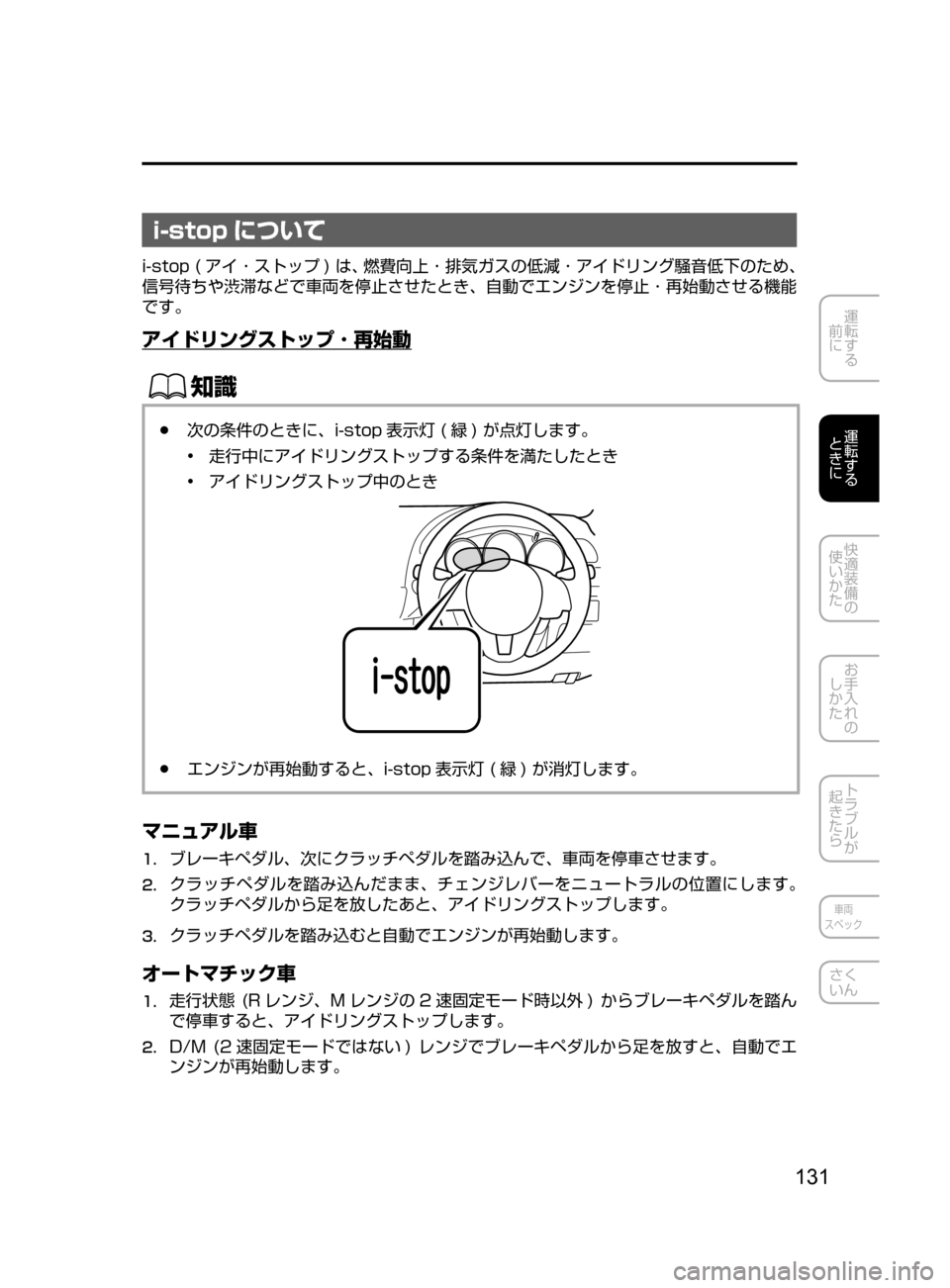 MAZDA MODEL ATENZA 2016  アテンザ｜取扱説明書 (in Japanese) 131
運転する
﻿﻿
前に
運転する
﻿﻿
ときに
快適装備の
使いかた
お手入れの
しかた
トラブルが
起きたら
車両
スペック
さく
いん
i-stop について
i
