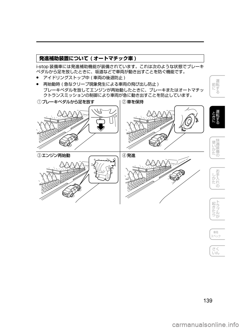 MAZDA MODEL ATENZA 2016  アテンザ｜取扱説明書 (in Japanese) 139
運転する
﻿﻿
前に
運転する
﻿﻿
ときに
快適装備の
使いかた
お手入れの
しかた
トラブルが
起きたら
車両
スペック
さく
いん
発進補助装置に