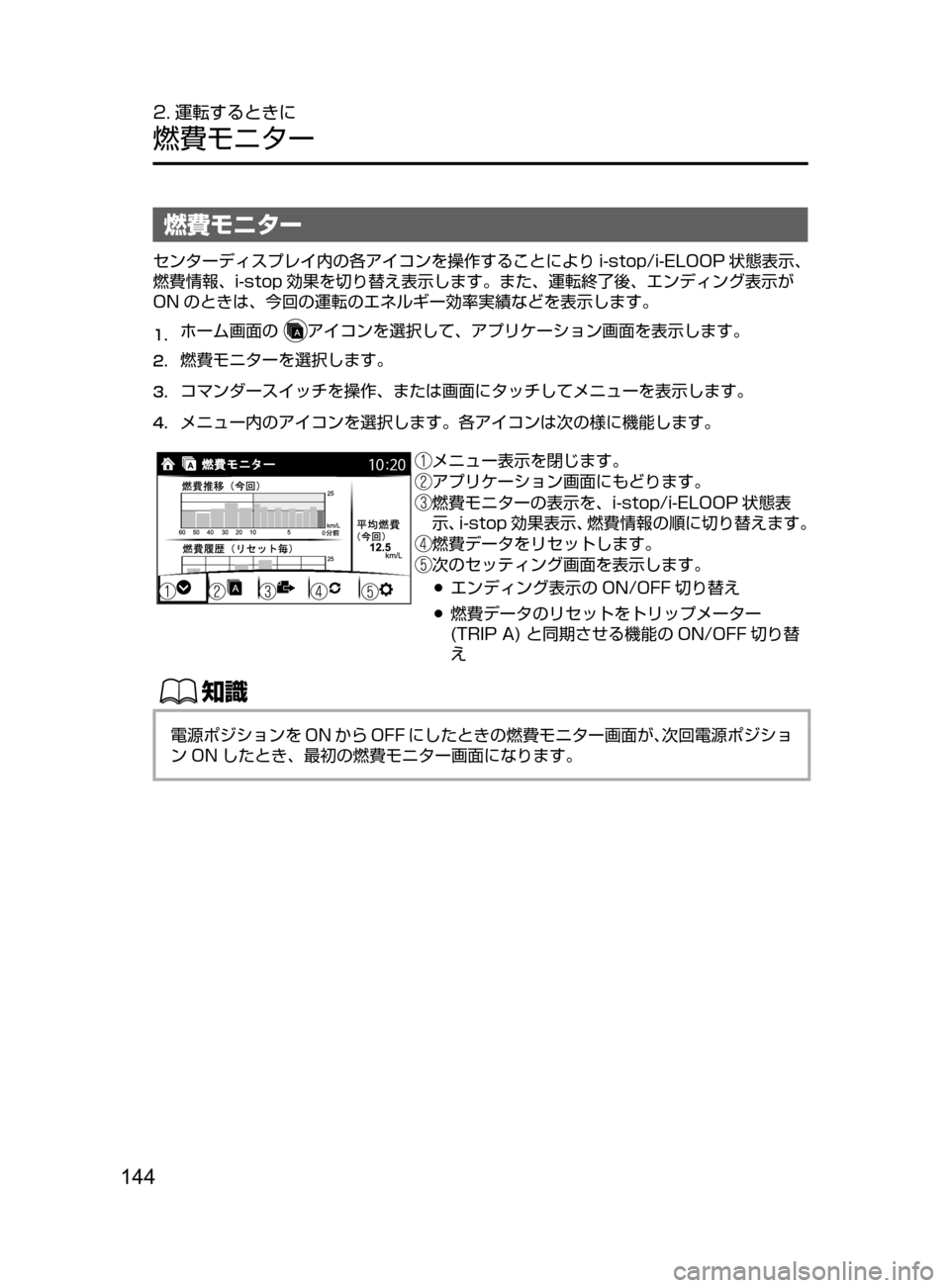 MAZDA MODEL ATENZA 2016  アテンザ｜取扱説明書 (in Japanese) 144
2. 運転するときに
燃費モニター
燃費モニター
センターディスプレイ内の各アイコンを操作することにより i-stop/i-ELOOP 状態表示､
燃費情報､ i-st