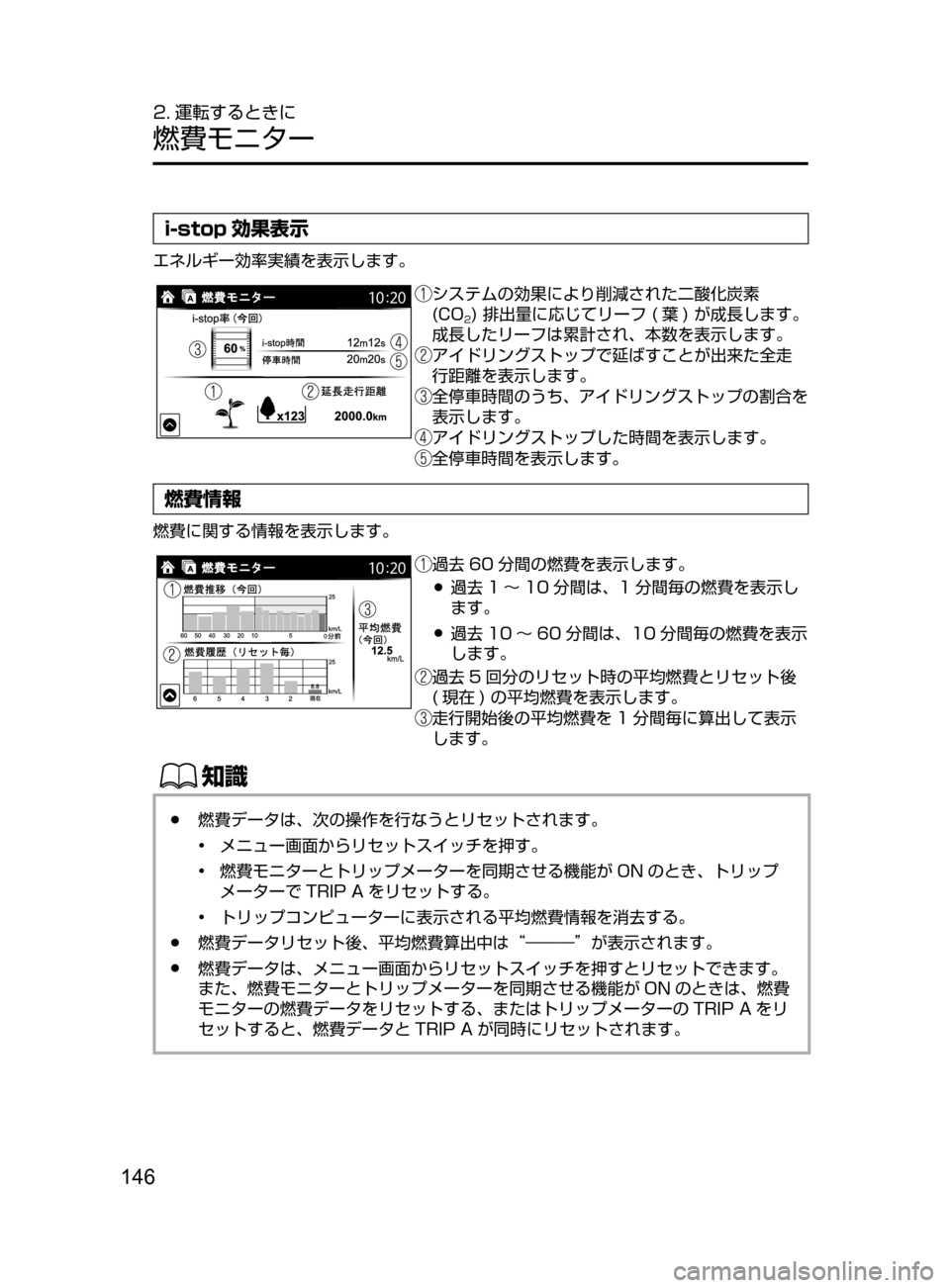 MAZDA MODEL ATENZA 2016  アテンザ｜取扱説明書 (in Japanese) 146
2. 運転するときに
燃費モニター
i-stop 効果表示
エネルギー効率実績を表示します。
﻿﻿システムの効果により削減された二酸化炭素﻿﻿
(CO2)﻿