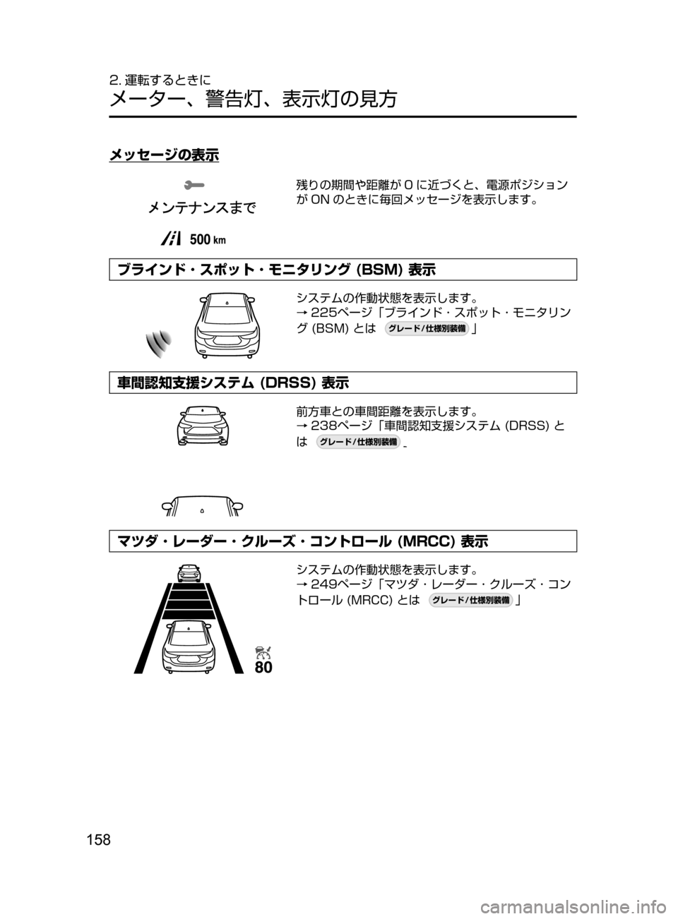 MAZDA MODEL ATENZA 2016  アテンザ｜取扱説明書 (in Japanese) 158
2. 運転するときに
メーター､ 警告灯､ 表示灯の見方
メッセージの表示
残りの期間や距離が 0 に近づくと､ 電源ポジション
が ON のときに毎回
