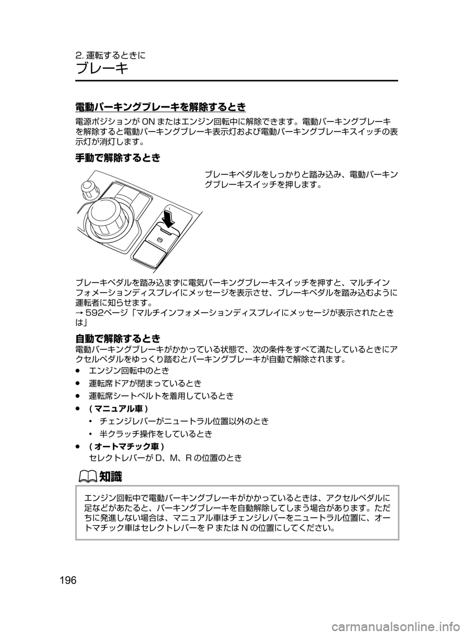 MAZDA MODEL ATENZA 2016  アテンザ｜取扱説明書 (in Japanese) 196
2. 運転するときに
ブレーキ
電動パーキングブレーキを解除するとき
電源ポジションが ON またはエンジン回転中に解除できます。電動パーキング