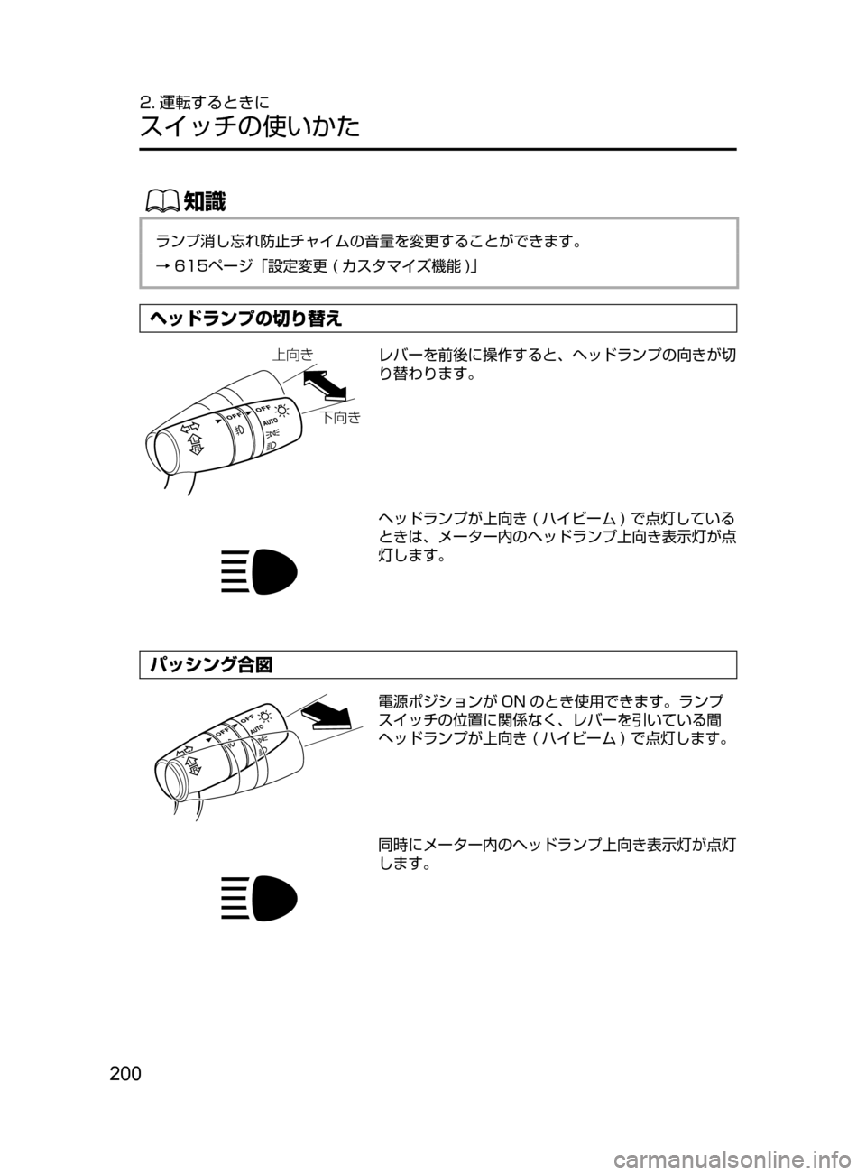MAZDA MODEL ATENZA 2016  アテンザ｜取扱説明書 (in Japanese) 200
2. 運転するときに
スイッチの使いかた
ŒÝ
ランプ消し忘れ防止チャイムの音量を変更することができます。
→ 615ページ「設定変更﻿﻿ ( カス