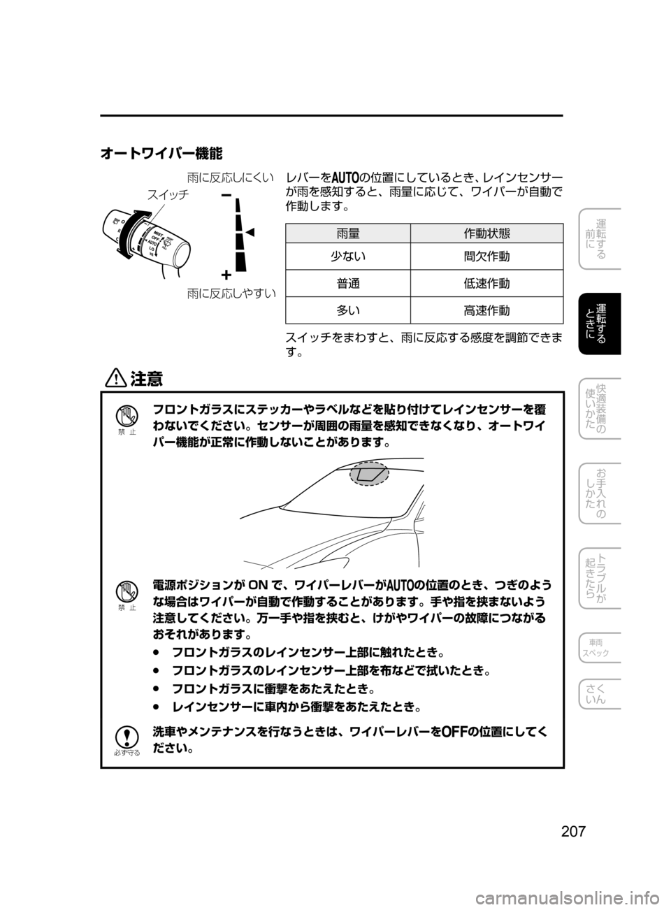 MAZDA MODEL ATENZA 2016  アテンザ｜取扱説明書 (in Japanese) 207
運転する
﻿﻿
前に
運転する
﻿﻿
ときに
快適装備の
使いかた
お手入れの
しかた
トラブルが
起きたら
車両
スペック
さく
いん
オートワイパー