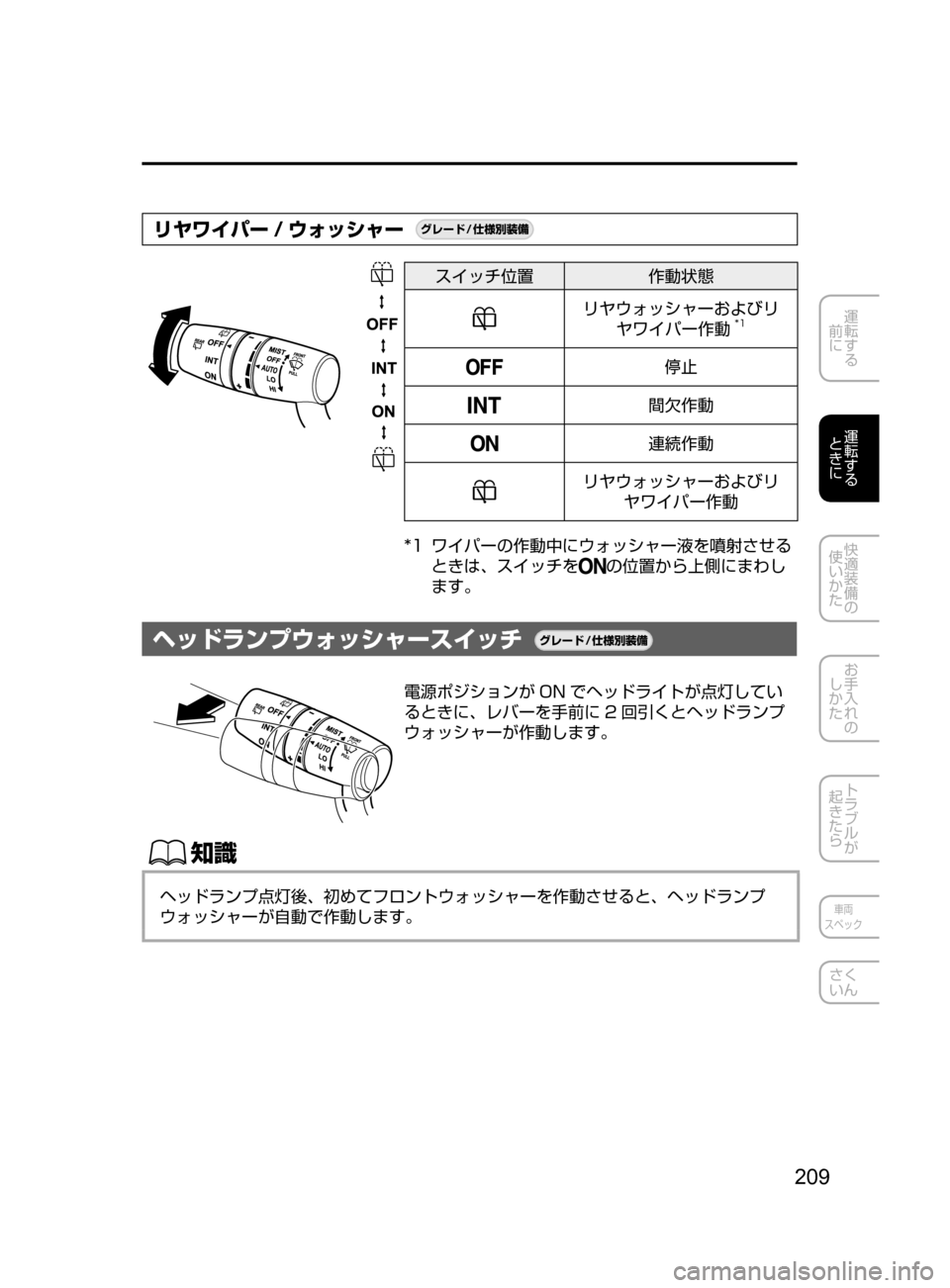 MAZDA MODEL ATENZA 2016  アテンザ｜取扱説明書 (in Japanese) 209
運転する
﻿﻿
前に
運転する
﻿﻿
ときに
快適装備の
使いかた
お手入れの
しかた
トラブルが
起きたら
車両
スペック
さく
いん
リヤワイパー / 