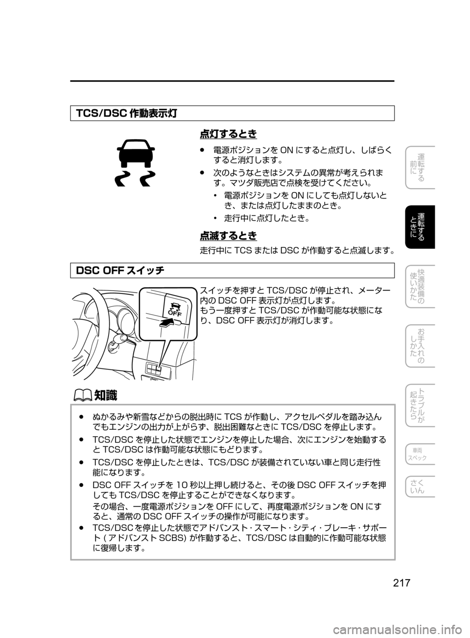 MAZDA MODEL ATENZA 2016 アテンザ|取扱説明書 (in Japanese) 217
運転する
前に
運転する
ときに
快適装備の
使いかた
お手入れの
しかた
トラブルが
起きたら
車両
スペック
さく
いん
TCS/DSC 作動表示 MAZDA MODEL ATENZA 2016 アテンザ|取扱説明書 (in Japanese) 217
運転する
前に
運転する
ときに
快適装備の
使いかた
お手入れの
しかた
トラブルが
起きたら
車両
スペック
さく
いん
TCS/DSC 作動表示