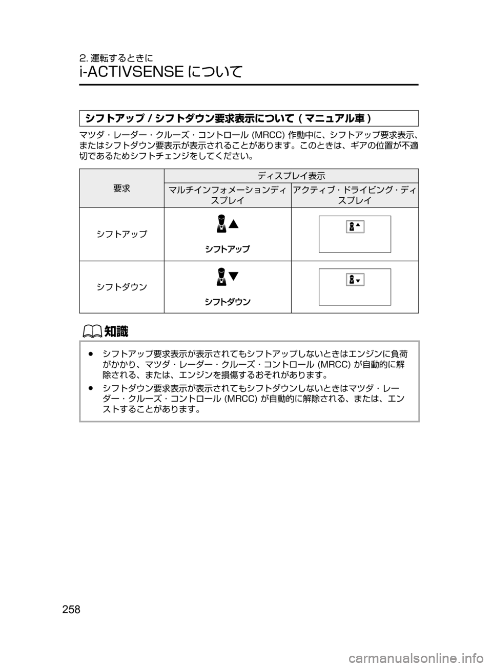 MAZDA MODEL ATENZA 2016  アテンザ｜取扱説明書 (in Japanese) 258
2. 運転するときに
i-ACTIVSENSE について
シフトアップ / シフトダウン要求表示について ( マニュアル車 )
マツダ ･ レーダー ･ クルーズ ･ コン