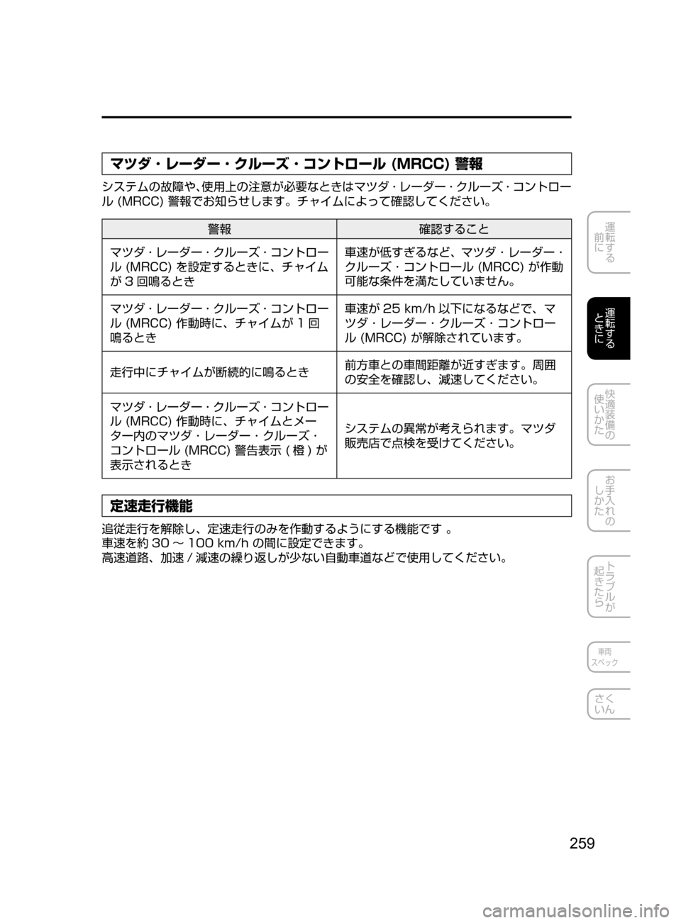 MAZDA MODEL ATENZA 2016  アテンザ｜取扱説明書 (in Japanese) 259
運転する
﻿﻿
前に
運転する
﻿﻿
ときに
快適装備の
使いかた
お手入れの
しかた
トラブルが
起きたら
車両
スペック
さく
いん
マツダ ･ レー