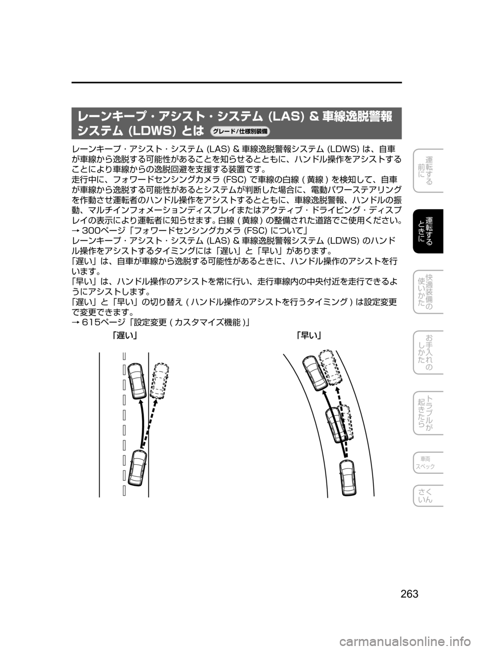 MAZDA MODEL ATENZA 2016  アテンザ｜取扱説明書 (in Japanese) 263
運転する
﻿﻿
前に
運転する
﻿﻿
ときに
快適装備の
使いかた
お手入れの
しかた
トラブルが
起きたら
車両
スペック
さく
いん
レーンキープ 