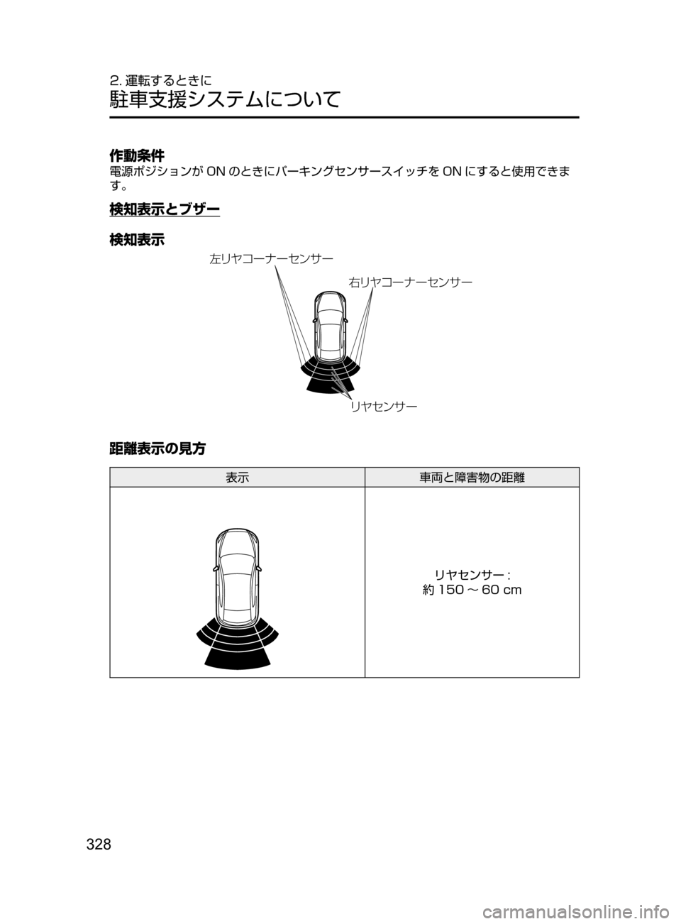 MAZDA MODEL ATENZA 2016  アテンザ｜取扱説明書 (in Japanese) 328
2. 運転するときに
駐車支援システムについて
作動条件
電源ポジションが ON のときにパーキングセンサースイッチを ON にすると使用できま
す。
