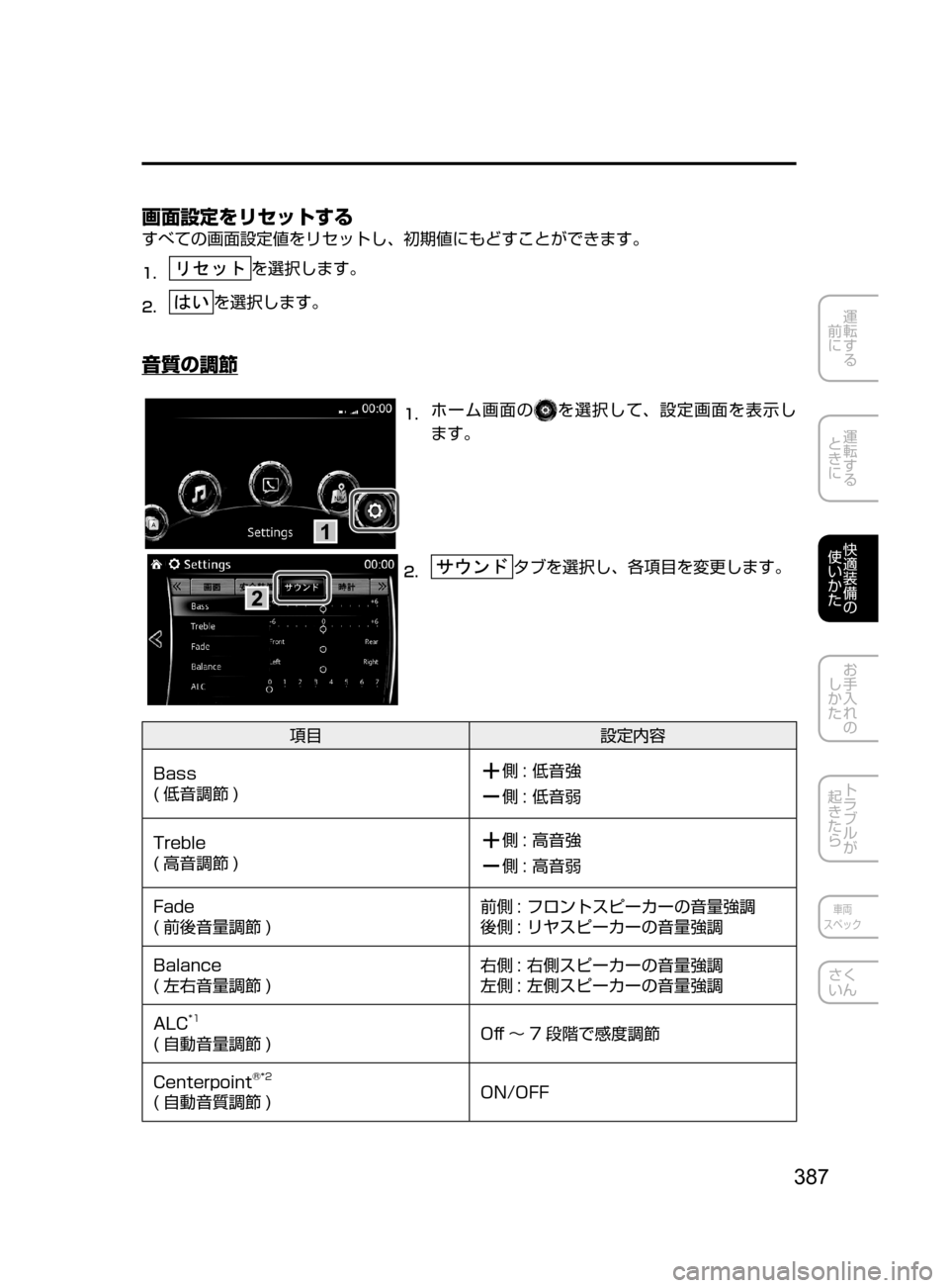 MAZDA MODEL ATENZA 2016  アテンザ｜取扱説明書 (in Japanese) 387
運転する
﻿﻿
前に
運転する
﻿﻿
ときに
快適装備の
使いかた
お手入れの
しかた
トラブルが
起きたら
車両
スペック
さく
いん
画面設定をリセ