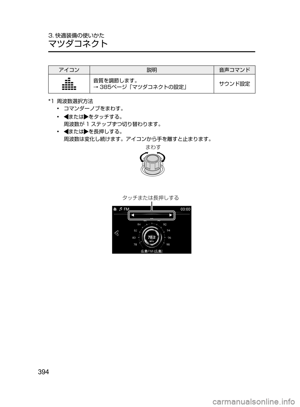 MAZDA MODEL ATENZA 2016  アテンザ｜取扱説明書 (in Japanese) 394
3. 快適装備の使いかた
マツダコネクト
アイコン説明音声コマンド
音質を調節します。
→ 385ページ「マツダコネクトの設定」 サウンド設定
*1
﻿