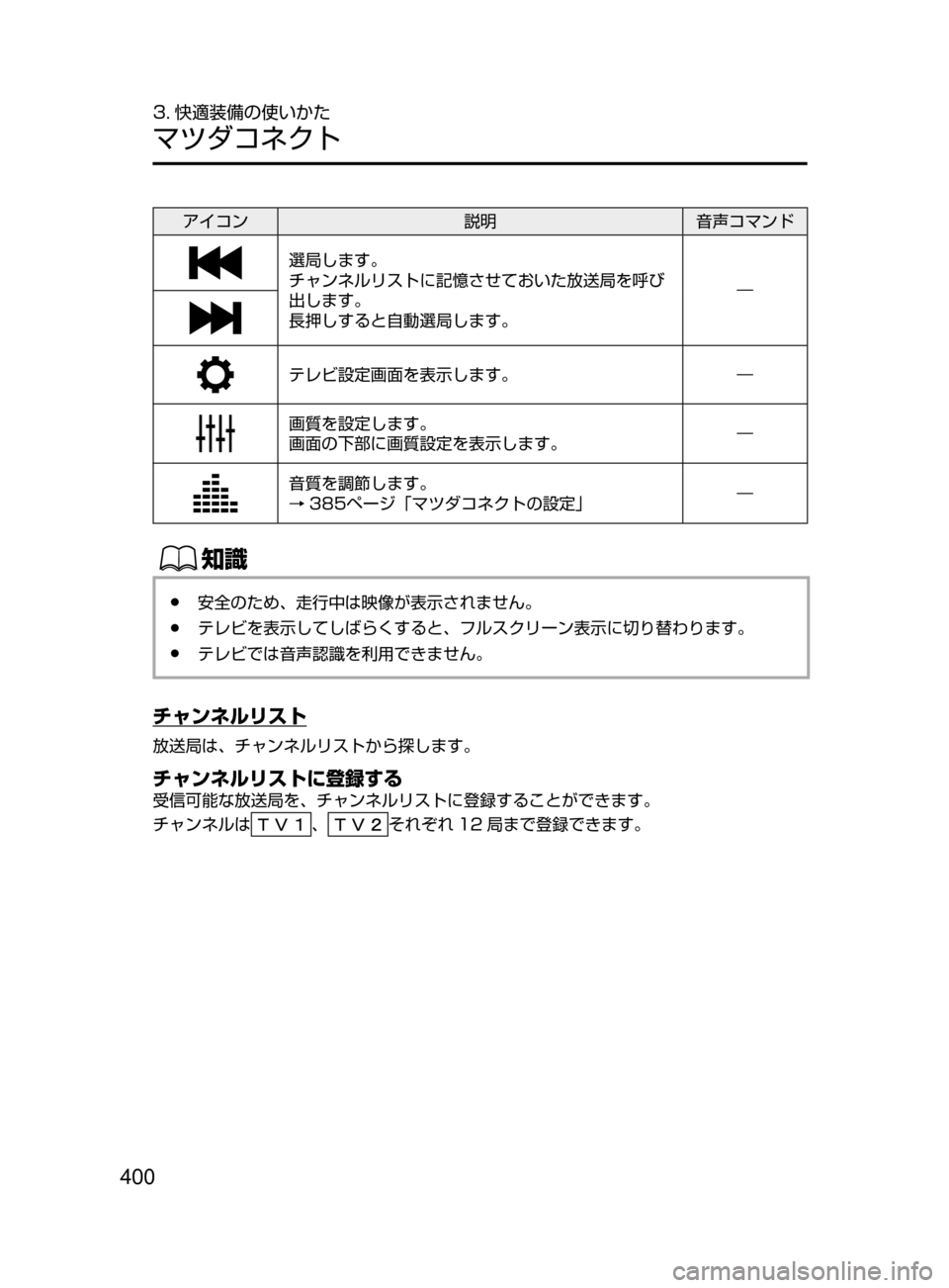 MAZDA MODEL ATENZA 2016  アテンザ｜取扱説明書 (in Japanese) 400
3. 快適装備の使いかた
マツダコネクト
アイコン説明音声コマンド
選局します。
チャンネルリストに記憶させておいた放送局を呼び
出します。
