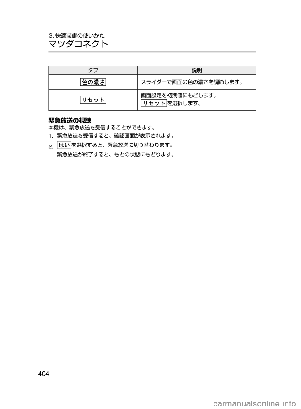 MAZDA MODEL ATENZA 2016  アテンザ｜取扱説明書 (in Japanese) 404
3. 快適装備の使いかた
マツダコネクト
タブ説明
スライダーで画面の色の濃さを調節します。
画面設定を初期値にもどします。
を選択します。
