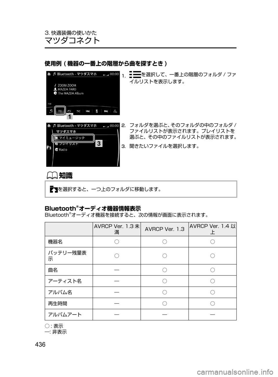 MAZDA MODEL ATENZA 2016  アテンザ｜取扱説明書 (in Japanese) 436
3. 快適装備の使いかた
マツダコネクト
使用例 ( 機器の一番上の階層から曲を探すとき )
1
1.	を選択して､ 一番上の階層のフォルダ / ファ
イル