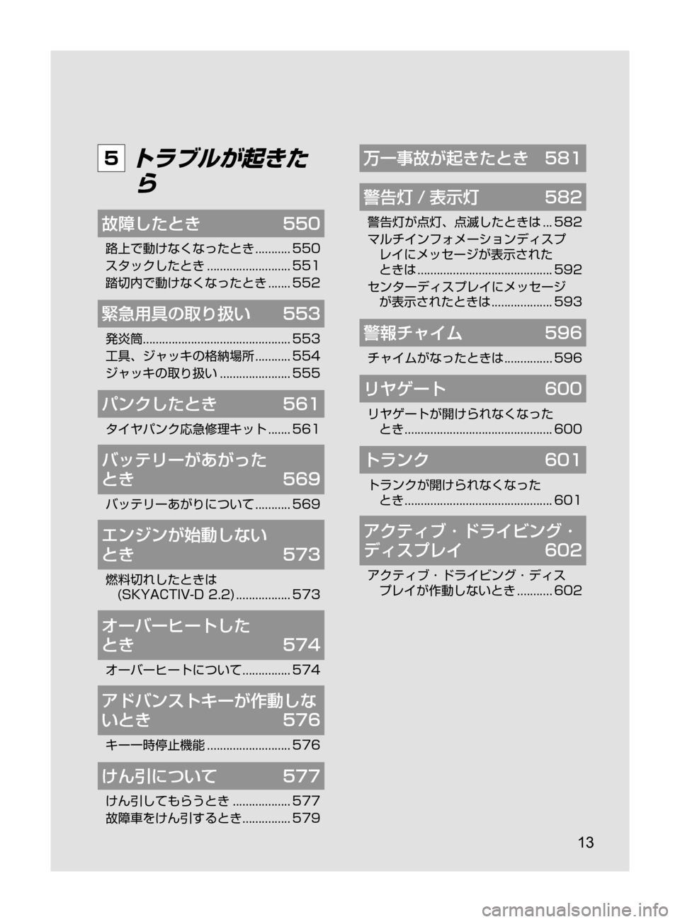 MAZDA MODEL ATENZA 2016  アテンザ｜取扱説明書 (in Japanese) 13
5 トラブルが起きたら
故障したとき	 550
路上で動けなくなったとき﻿﻿........... 550
スタックしたとき ﻿﻿
.......................... 551
踏切内で動け�
