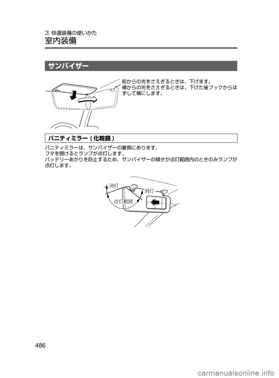 MAZDA MODEL ATENZA 2016  アテンザ｜取扱説明書 (in Japanese) 486
3. 快適装備の使いかた
室内装備
サンバイザー
前からの光をさえぎるときは､ 下げます。
横からの光をさえぎるときは､ 下げた後フックからは
