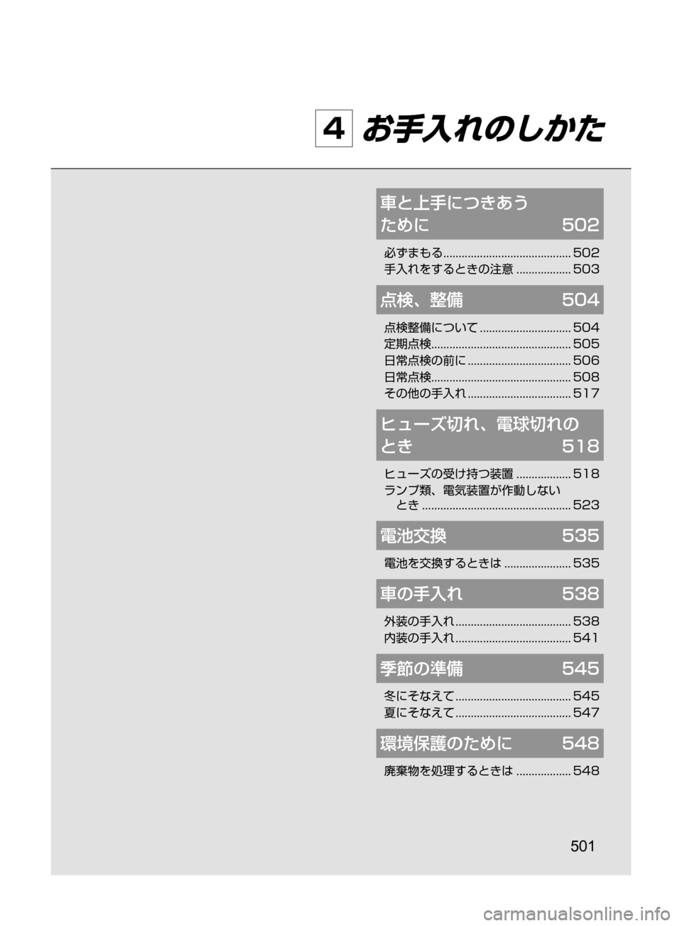 MAZDA MODEL ATENZA 2016  アテンザ｜取扱説明書 (in Japanese) 501
4 お手入れのしかた
車と上手につきあう	
ために	502
必ずまもる﻿﻿.......................................... 502
手入れをするときの注意 ﻿﻿
...............