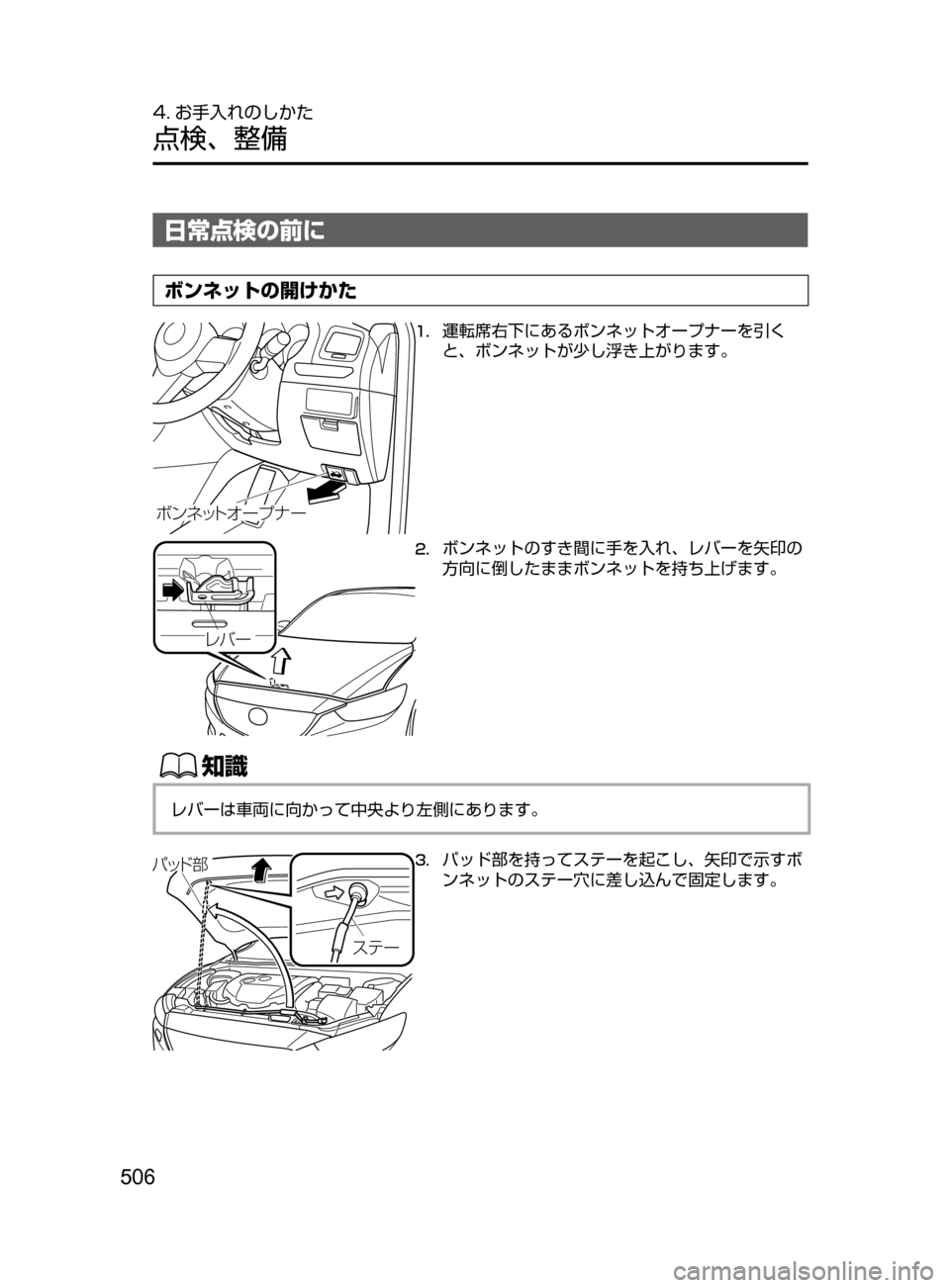MAZDA MODEL ATENZA 2016  アテンザ｜取扱説明書 (in Japanese) 506
4. お手入れのしかた
点検､ 整備
日常点検の前に
ボンネットの開けかた
ボンネットオ ープ ナー
1.	運転席右下にあるボンネットオープナーを引
