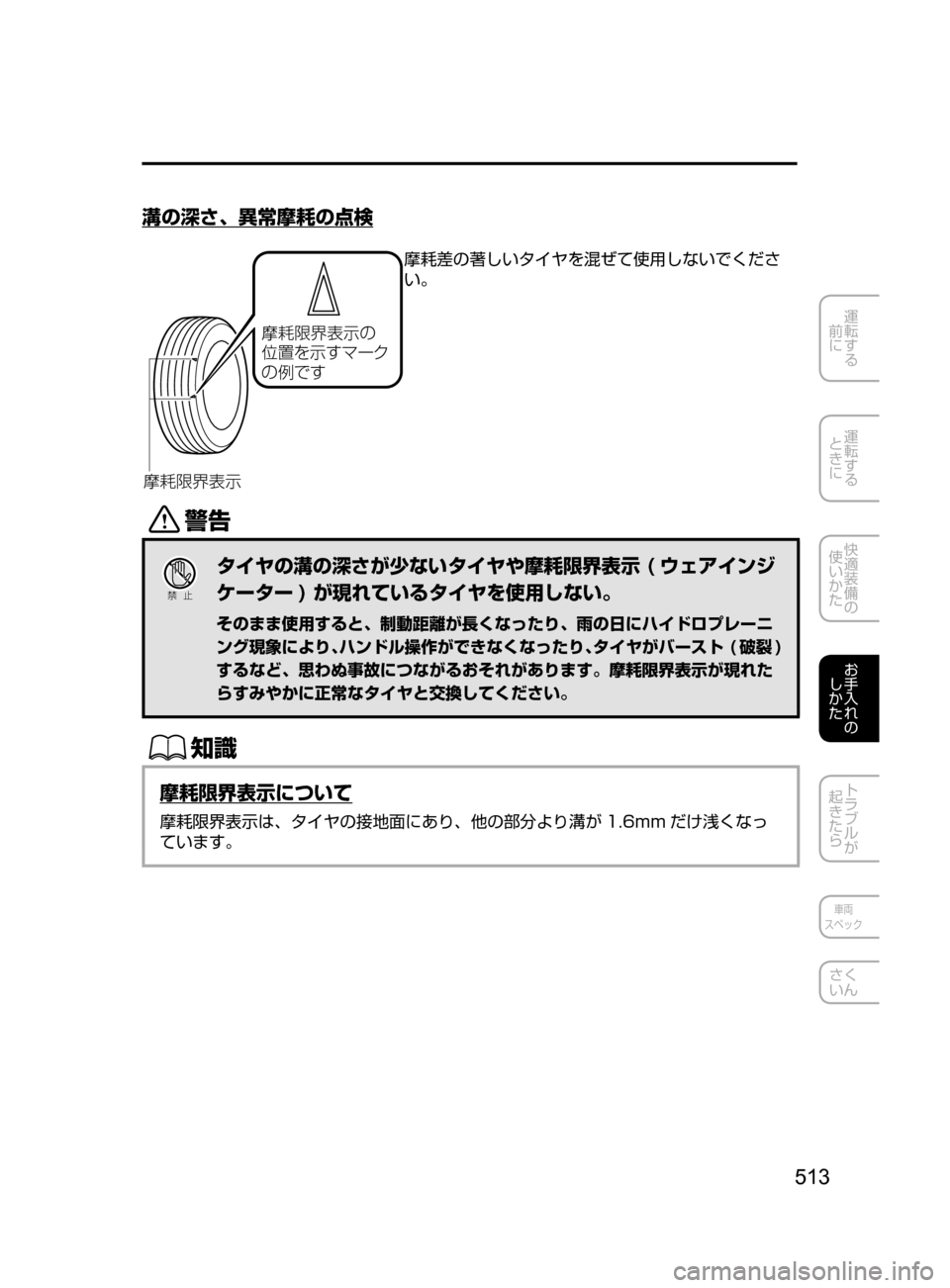 MAZDA MODEL ATENZA 2016  アテンザ｜取扱説明書 (in Japanese) 513
運転する
﻿﻿
前に
運転する
﻿﻿
ときに
快適装備の
使いかた
お手入れの
しかた
トラブルが
起きたら
車両
スペック
さく
いん
溝の深さ､ 異