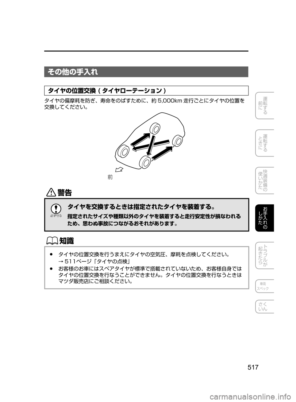 MAZDA MODEL ATENZA 2016  アテンザ｜取扱説明書 (in Japanese) 517
運転する
﻿﻿
前に
運転する
﻿﻿
ときに
快適装備の
使いかた
お手入れの
しかた
トラブルが
起きたら
車両
スペック
さく
いん
その他の手入れ