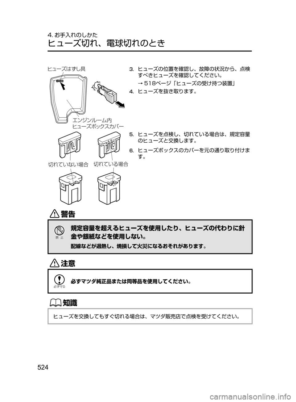 MAZDA MODEL ATENZA 2016  アテンザ｜取扱説明書 (in Japanese) 524
4. お手入れのしかた
ヒューズ切れ､ 電球切れのとき
エンジン ルーム内　　　
ヒュ ーズ ボックス カバ ー
ヒューズ はずし具3.	ヒューズの位置