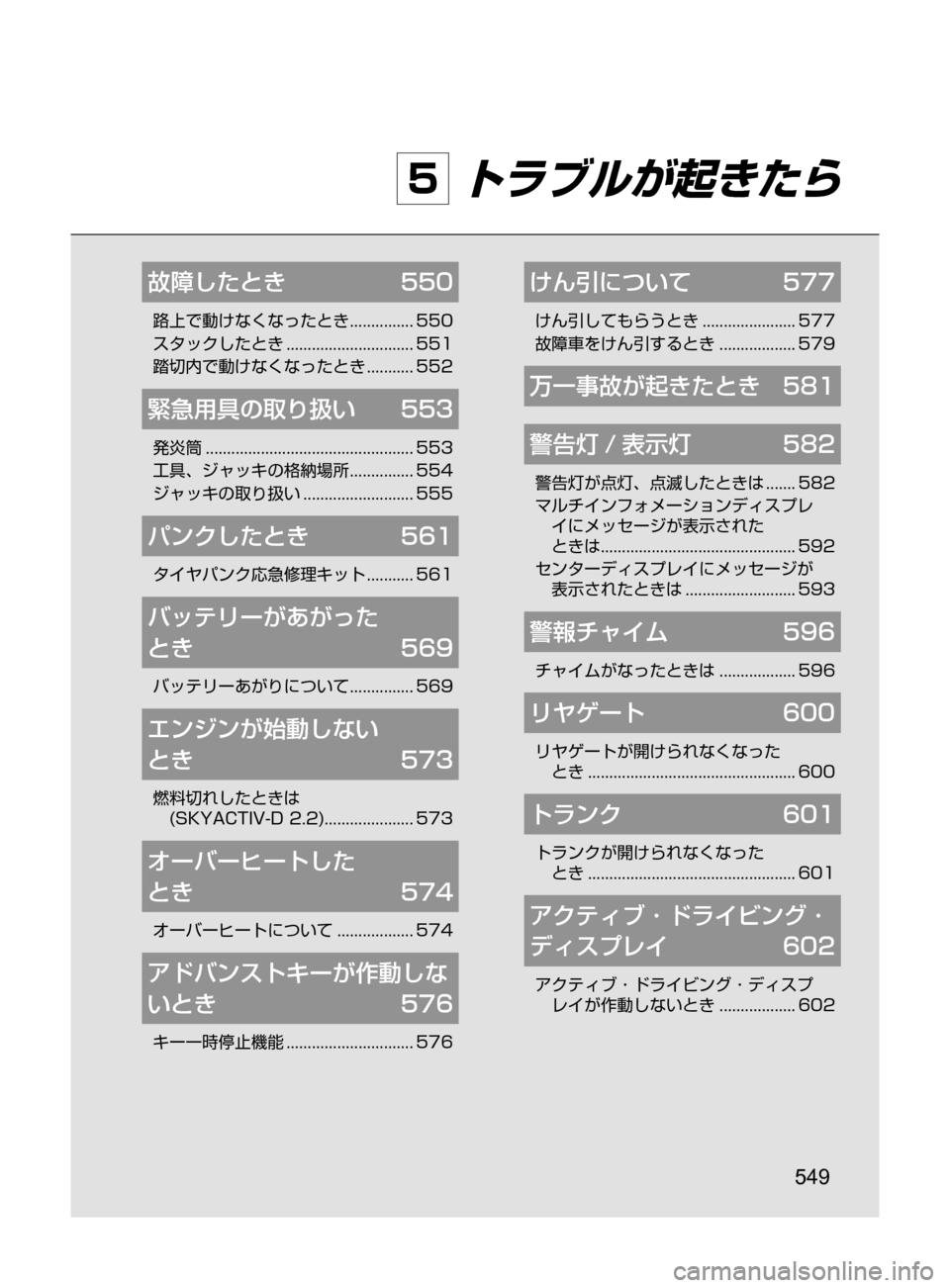 MAZDA MODEL ATENZA 2016  アテンザ｜取扱説明書 (in Japanese) 549
5 トラブルが起きたら
故障したとき	 550
路上で動けなくなったとき﻿﻿............... 550
スタックしたとき ﻿﻿
.............................. 551
踏切内