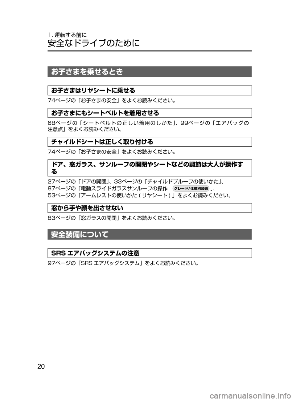 MAZDA MODEL ATENZA 2016  アテンザ｜取扱説明書 (in Japanese) 20
1. 運転する前に
安全なドライブのために
お子さまを乗せるとき
お子さまはリヤシートに乗せる
74ページの「お子さまの安全」をよくお読みくだ�