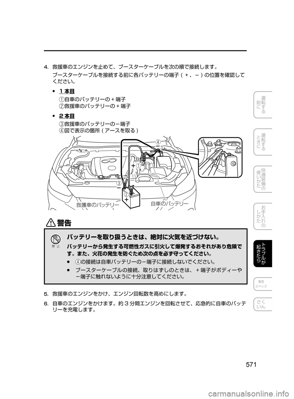 MAZDA MODEL ATENZA 2016  アテンザ｜取扱説明書 (in Japanese) 571
運転する
﻿﻿
前に
運転する
﻿﻿
ときに
快適装備の
使いかた
お手入れの
しかた
トラブルが
起きたら
車両
スペック
さく
いん
4.	救援車のエン