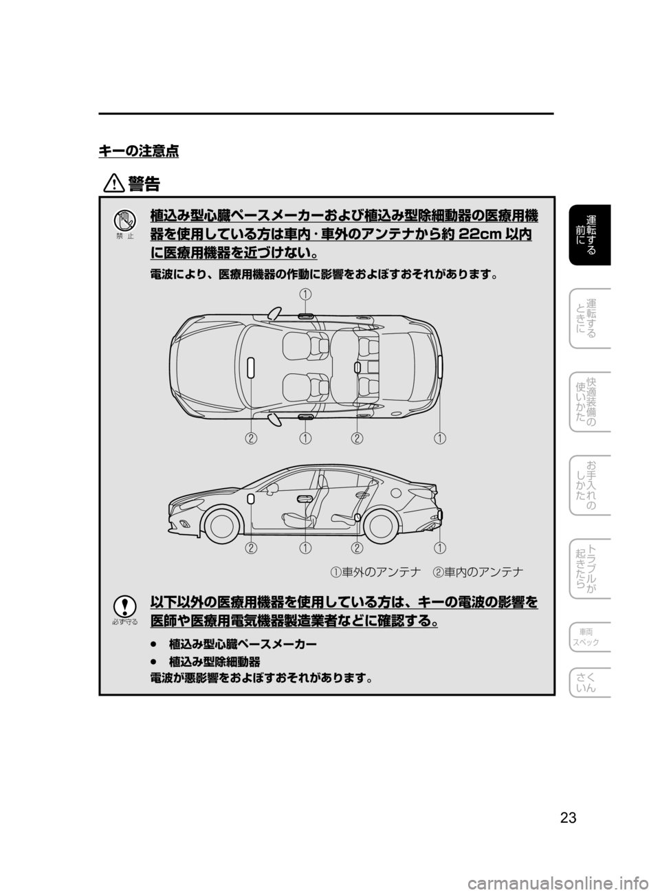 MAZDA MODEL ATENZA 2016  アテンザ｜取扱説明書 (in Japanese) 23
運転する
﻿﻿
前に
運転する
﻿﻿
ときに
快適装備の
使いかた
お手入れの
しかた
トラブルが
起きたら
車両
スペック
さく
いん
キーの注意点
/