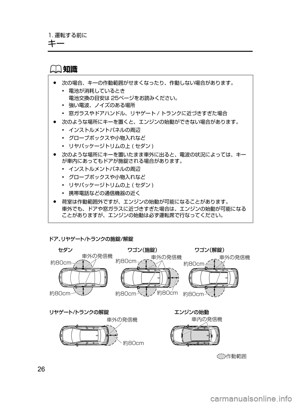 MAZDA MODEL ATENZA 2016  アテンザ｜取扱説明書 (in Japanese) 26
1. 運転する前に
キー
ŒÝ
﻿﻿●次の場合､ キーの作動範囲がせまくなったり､ 作動しない場合があります。
•﻿﻿
電池が消耗しているとき
電