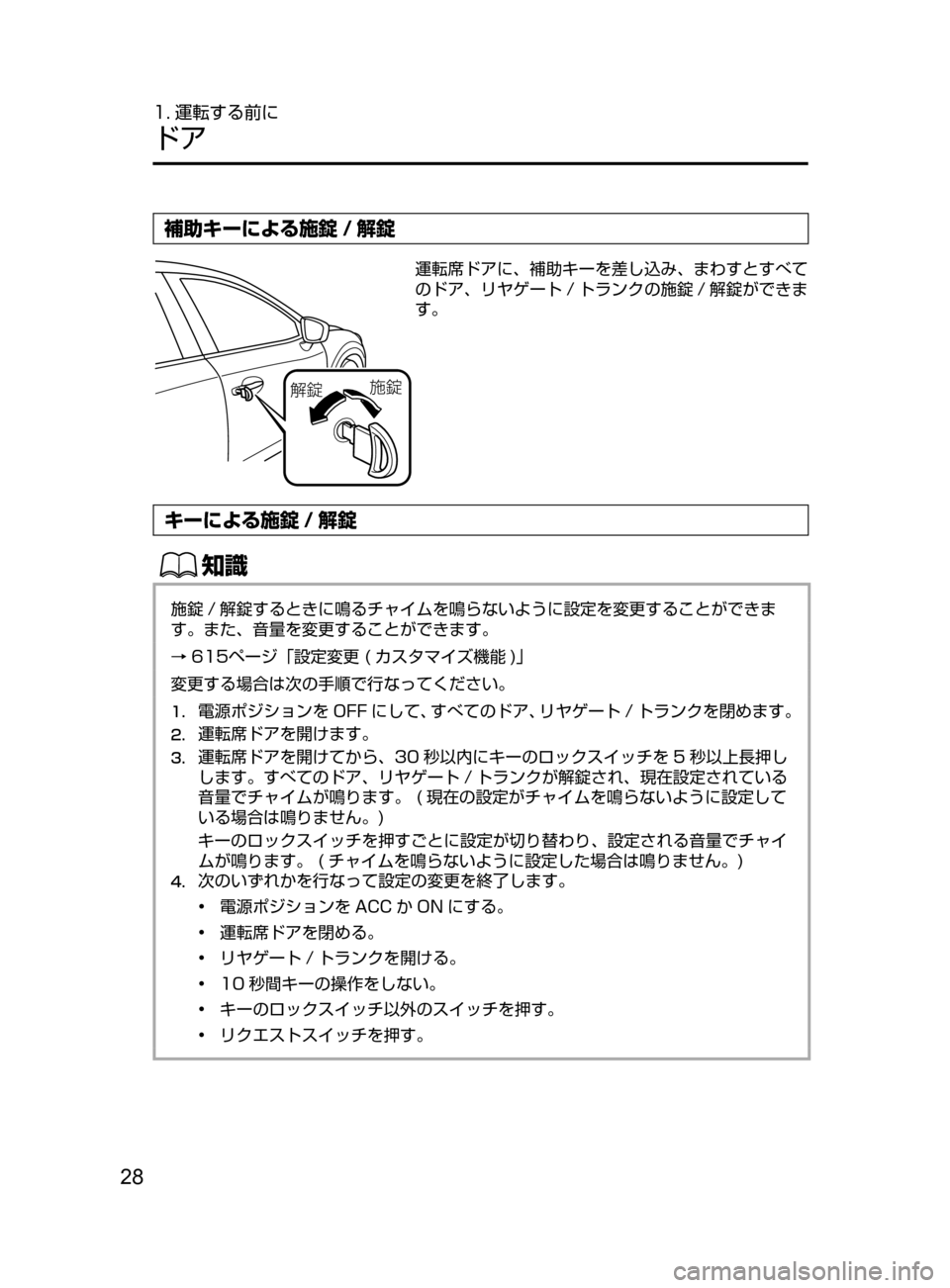 MAZDA MODEL ATENZA 2016  アテンザ｜取扱説明書 (in Japanese) 28
1. 運転する前に
ドア
補助キーによる施錠 / 解錠
ª	ã
r	ã
運転席ドアに､ 補助キーを差し込み､ まわすとすべて
のドア､ リヤゲート / トランク