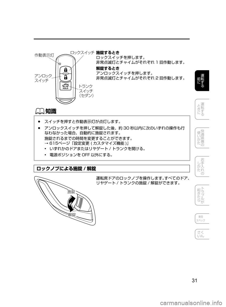 MAZDA MODEL ATENZA 2016  アテンザ｜取扱説明書 (in Japanese) 31
運転する
﻿﻿
前に
運転する
﻿﻿
ときに
快適装備の
使いかた
お手入れの
しかた
トラブルが
起きたら
車両
スペック
さく
いん
é¿ «µ  ¿