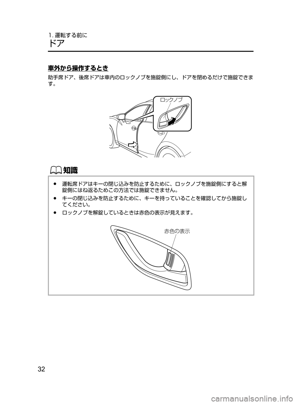 MAZDA MODEL ATENZA 2016  アテンザ｜取扱説明書 (in Japanese) 32
1. 運転する前に
ドア
車外から操作するとき
助手席ドア､ 後席ドアは車内のロックノブを施錠側にし､ ドアを閉めるだけで施錠できま
す。
ロッ