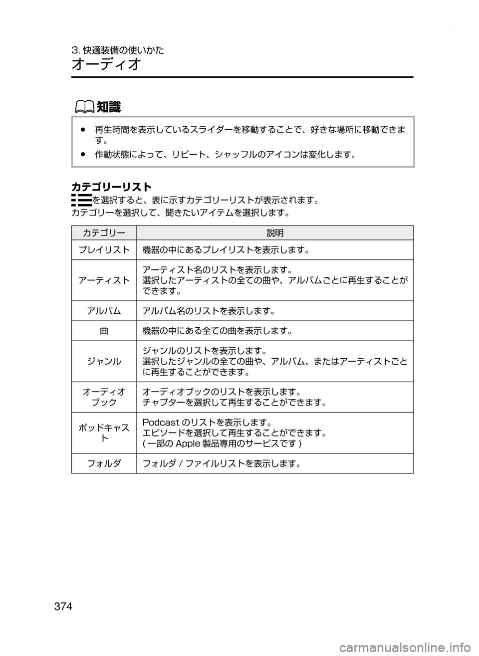 MAZDA MODEL ATENZA 2015  アテンザ｜取扱説明書 (in Japanese) 374
3. 快適装備の使いかた
オーディオ
ŒÝ
﻿﻿●再生時間を表示しているスライダーを移動することで､ 好きな場所に移動できま
す。
﻿﻿●作動
