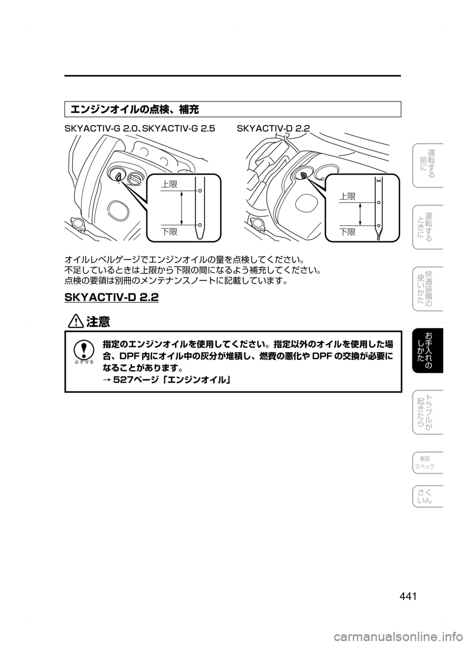 MAZDA MODEL ATENZA 2015  アテンザ｜取扱説明書 (in Japanese) 441
運転する
﻿﻿
前に
運転する
﻿﻿
ときに
快適装備の
使いかた
お手入れの
しかた
トラブルが
起きたら
車両
スペック
さく
いん
エンジンオイル