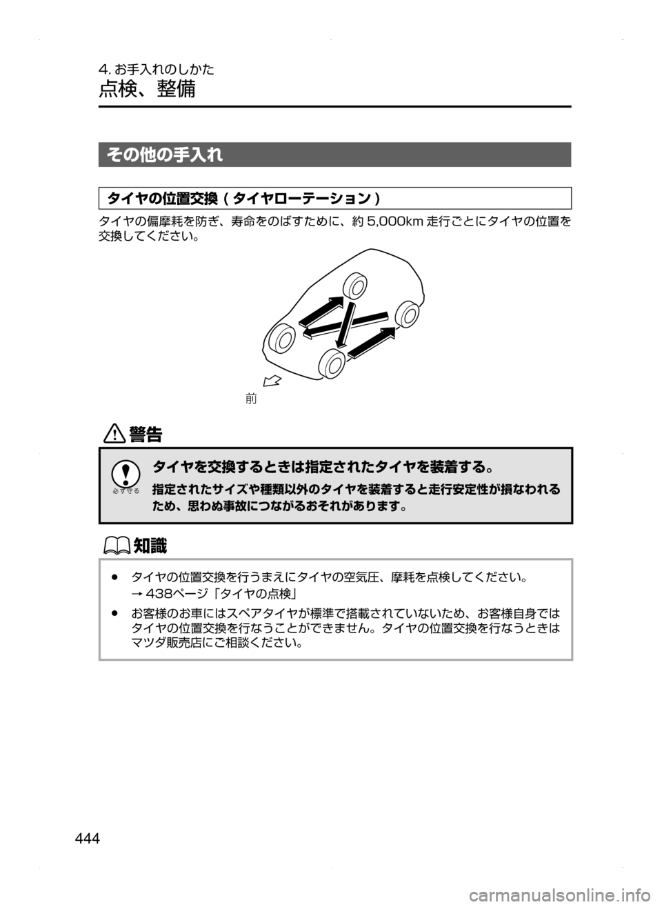 MAZDA MODEL ATENZA 2015  アテンザ｜取扱説明書 (in Japanese) 444
4. お手入れのしかた
点検､ 整備
その他の手入れ
タイヤの位置交換 ( タイヤローテーション )
タイヤの偏摩耗を防ぎ､ 寿命をのばすために､ 