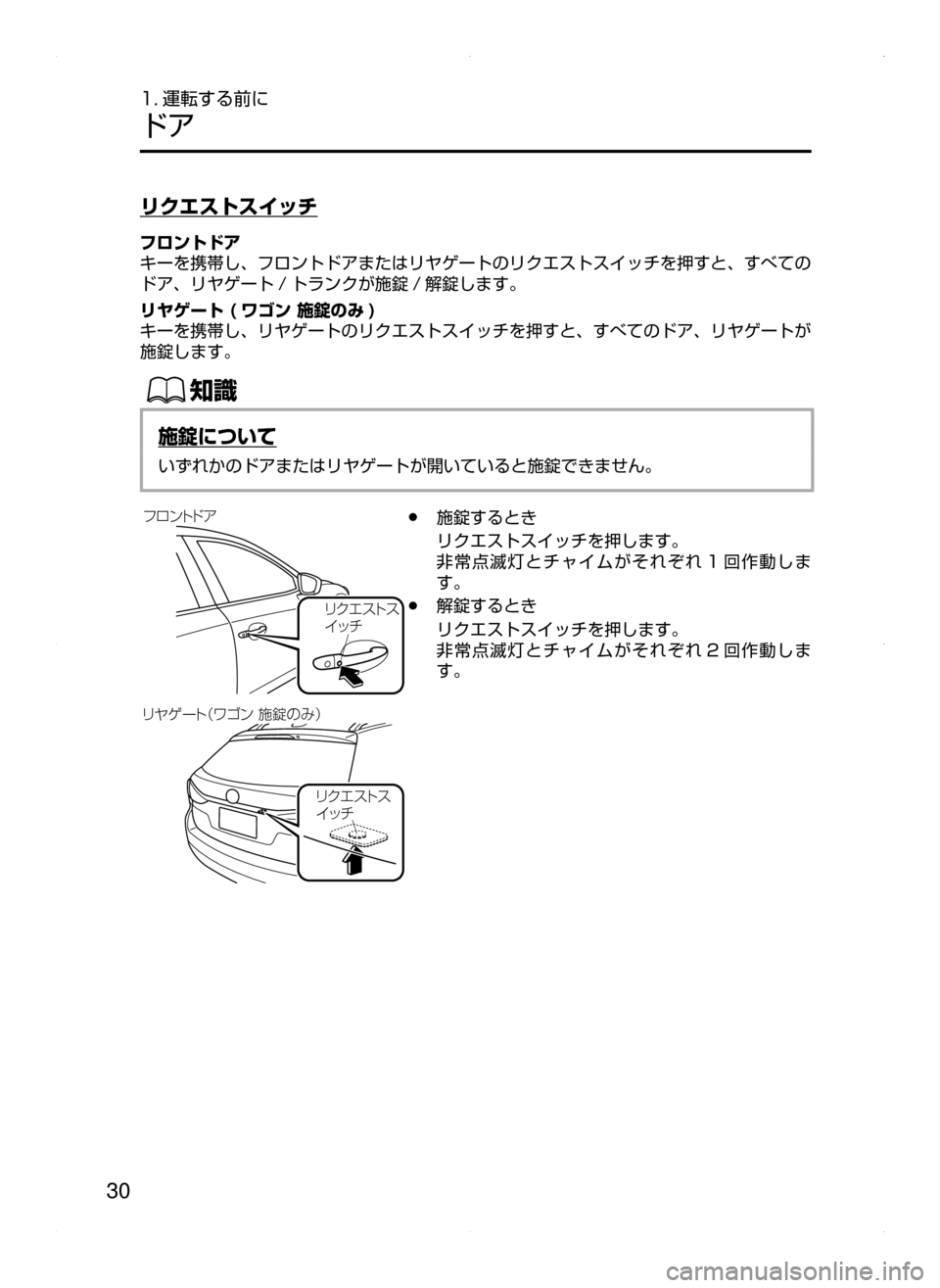 MAZDA MODEL ATENZA 2015  アテンザ｜取扱説明書 (in Japanese) 30
1. 運転する前に
ドア
リクエストスイッチ
フロントドア
キーを携帯し､ フロントドアまたはリヤゲートのリクエストスイッチを押すと､ すべて