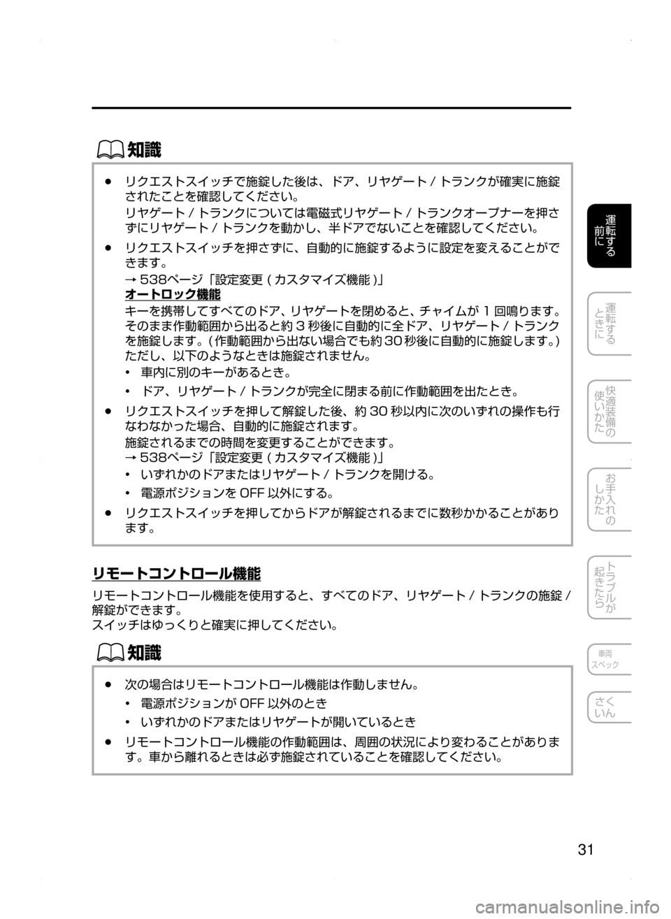 MAZDA MODEL ATENZA 2015  アテンザ｜取扱説明書 (in Japanese) 31
運転する
﻿﻿
前に
運転する
﻿﻿
ときに
快適装備の
使いかた
お手入れの
しかた
トラブルが
起きたら
車両
スペック
さく
いん
ŒÝ
﻿﻿●リク