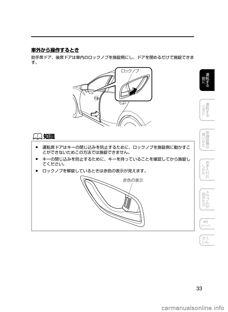 MAZDA MODEL ATENZA 2015  アテンザ｜取扱説明書 (in Japanese) 33
運転する
﻿﻿
前に
運転する
﻿﻿
ときに
快適装備の
使いかた
お手入れの
しかた
トラブルが
起きたら
車両
スペック
さく
いん
車外から操作す