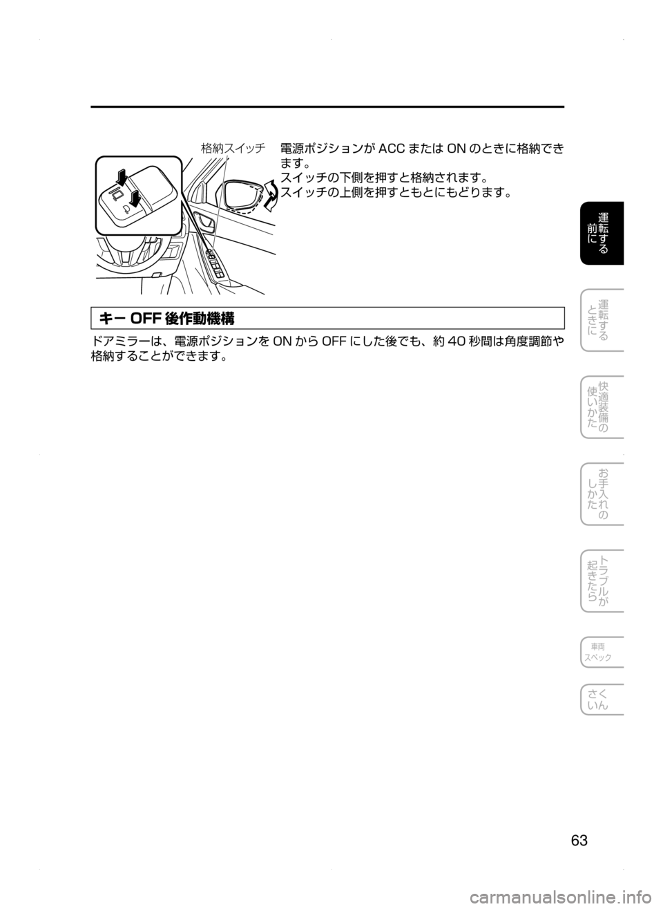 MAZDA MODEL ATENZA 2015  アテンザ｜取扱説明書 (in Japanese) 63
運転する
﻿﻿
前に
運転する
﻿﻿
ときに
快適装備の
使いかた
お手入れの
しかた
トラブルが
起きたら
車両
スペック
さく
いん
¨ò µ ¿½電