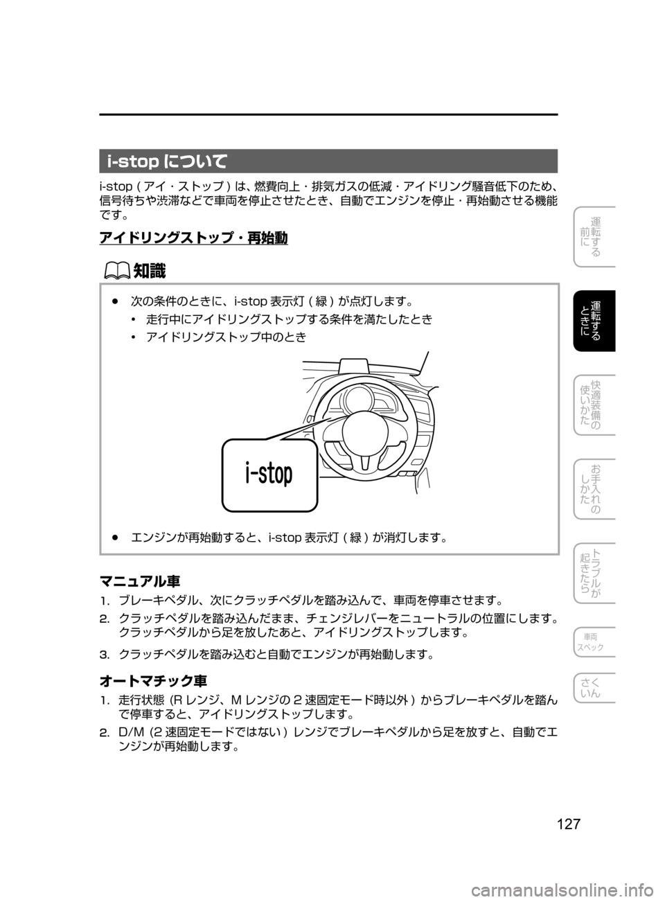 MAZDA MODEL AXELA 2017  アクセラ｜取扱説明書 (in Japanese) 127
運転する
﻿﻿
前に
運転する
﻿﻿
ときに
快適装備の
使いかた
お手入れの
しかた
トラブルが
起きたら
車両
スペック
さく
いん
i-stop について
i