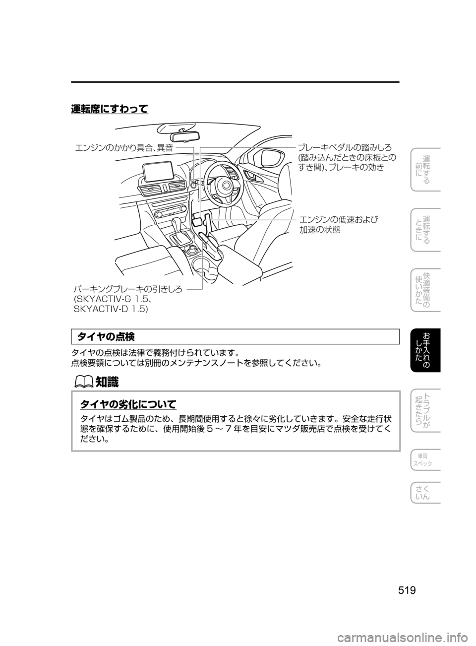 MAZDA MODEL AXELA 2017  アクセラ｜取扱説明書 (in Japanese) 519
運転する
﻿﻿
前に
運転する
﻿﻿
ときに
快適装備の
使いかた
お手入れの
しかた
トラブルが
起きたら
車両
スペック
さく
いん
運転席にすわっ