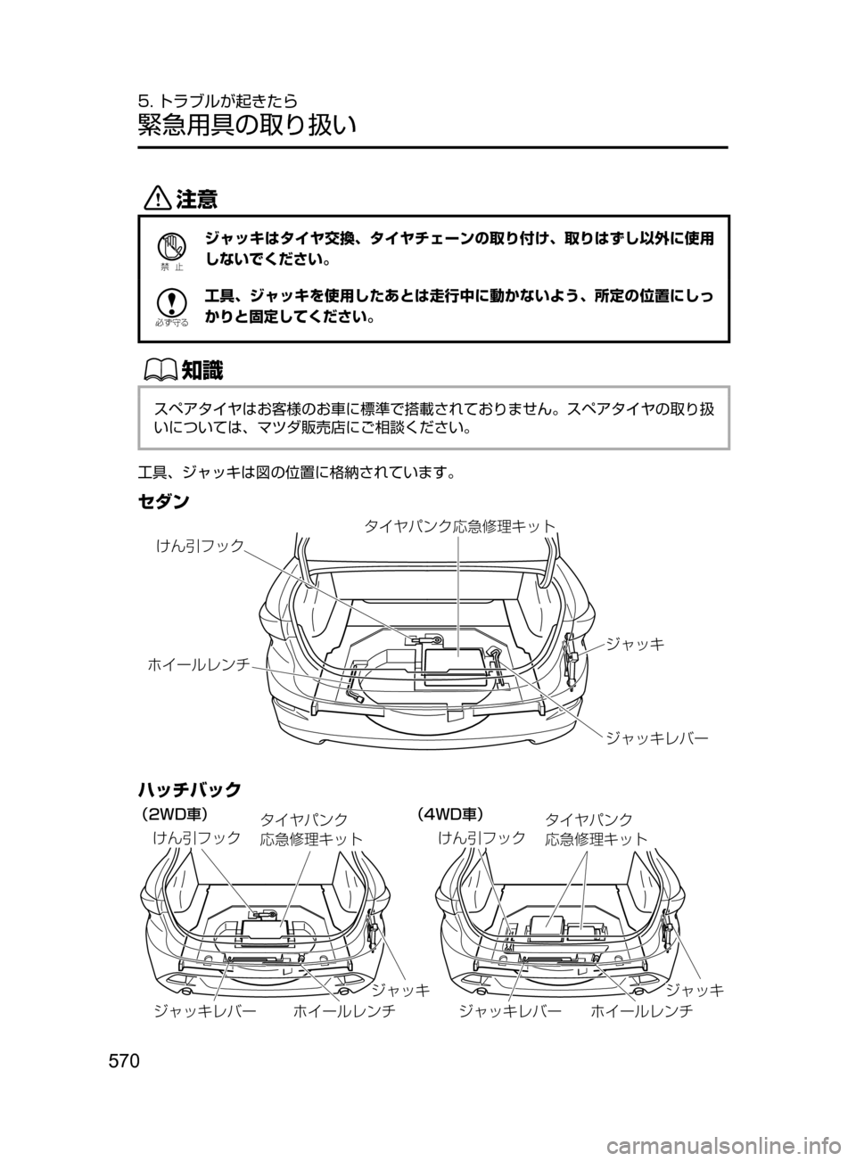 MAZDA MODEL AXELA 2017  アクセラ｜取扱説明書 (in Japanese) 570
5. トラブルが起きたら
緊急用具の取り扱い
«™
Ð��­
ジャッキはタイヤ交換､ タイヤチェーンの取り付け､ 取りはずし以外に使用
しないで