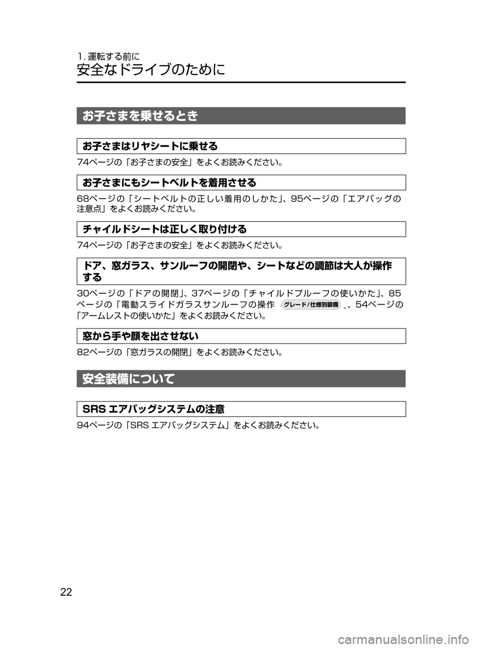 MAZDA MODEL AXELA 2017  アクセラ｜取扱説明書 (in Japanese) 22
1. 運転する前に
安全なドライブのために
お子さまを乗せるとき
お子さまはリヤシートに乗せる
74ページの「お子さまの安全」をよくお読みくだ