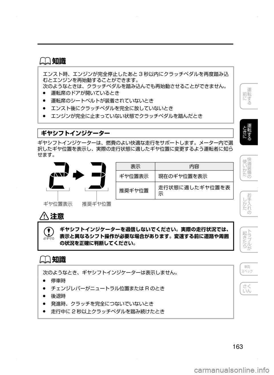 MAZDA MODEL AXELA 2016  アクセラ｜取扱説明書 (in Japanese) 163
運転する
﻿﻿
前に
運転する
﻿﻿
ときに
快適装備の
使いかた
お手入れの
しかた
トラブルが
起きたら
車両
スペック
さく
いん
ŒÝ
エンスト