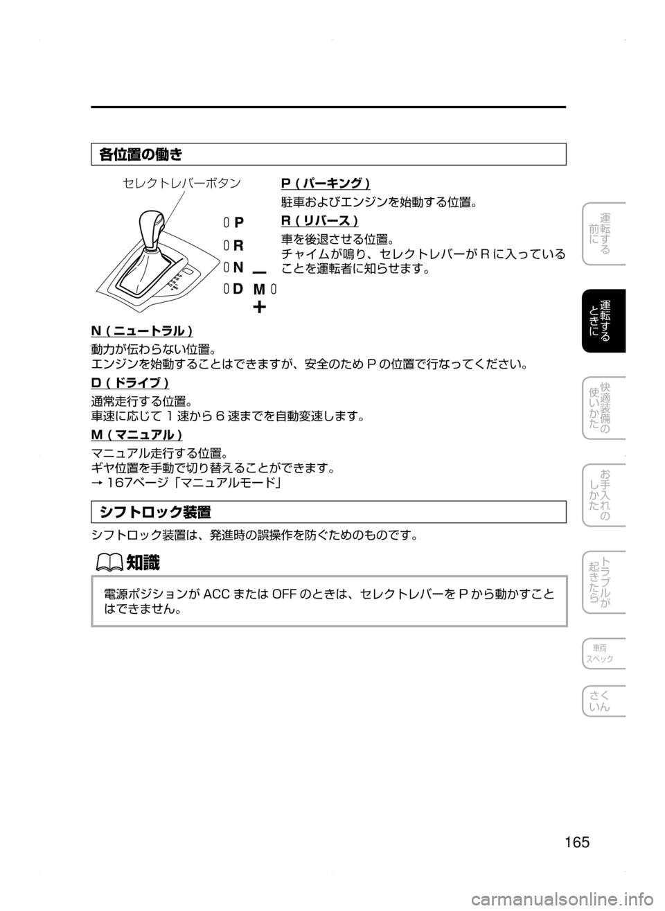MAZDA MODEL AXELA 2016  アクセラ｜取扱説明書 (in Japanese) 165
運転する
﻿﻿
前に
運転する
﻿﻿
ときに
快適装備の
使いかた
お手入れの
しかた
トラブルが
起きたら
車両
スペック
さく
いん
各位置の働き
